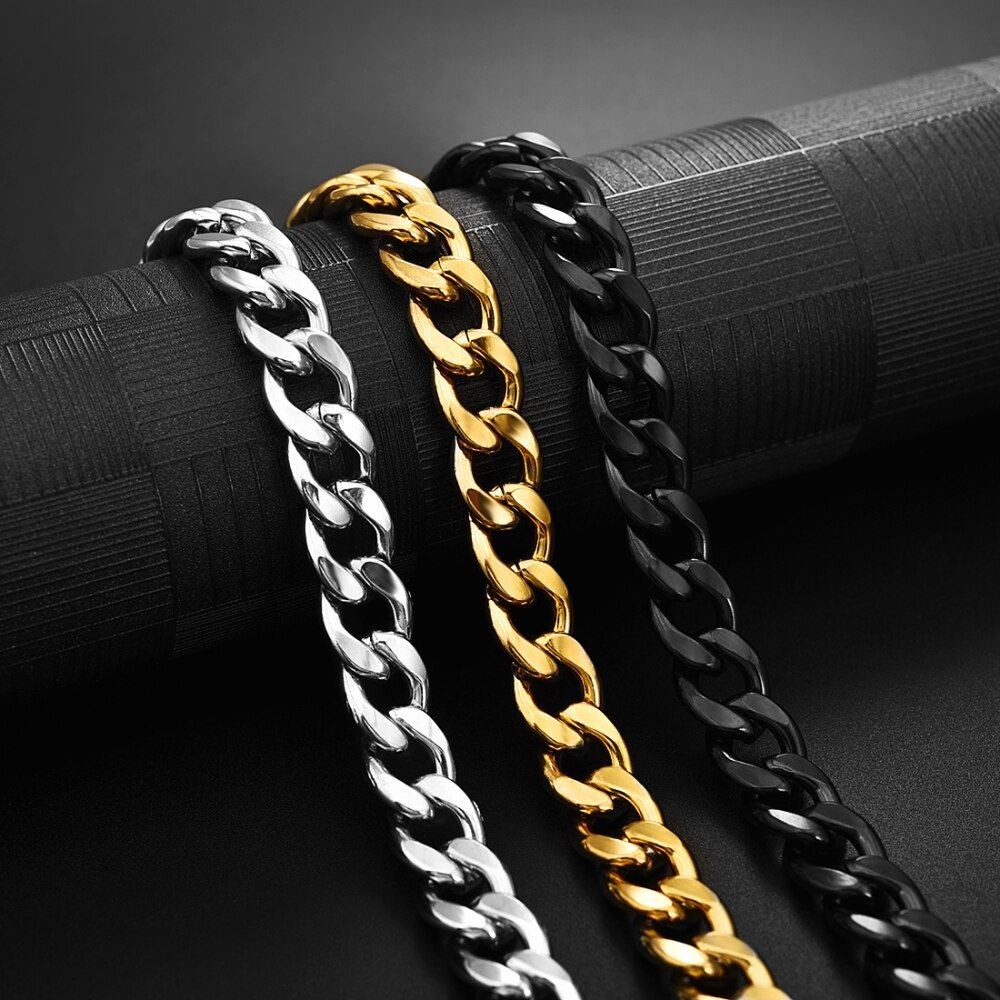 *UK* Black 316L Stainless Steel Cuban Bracelet 18-25cm Mens Curb Link Chain