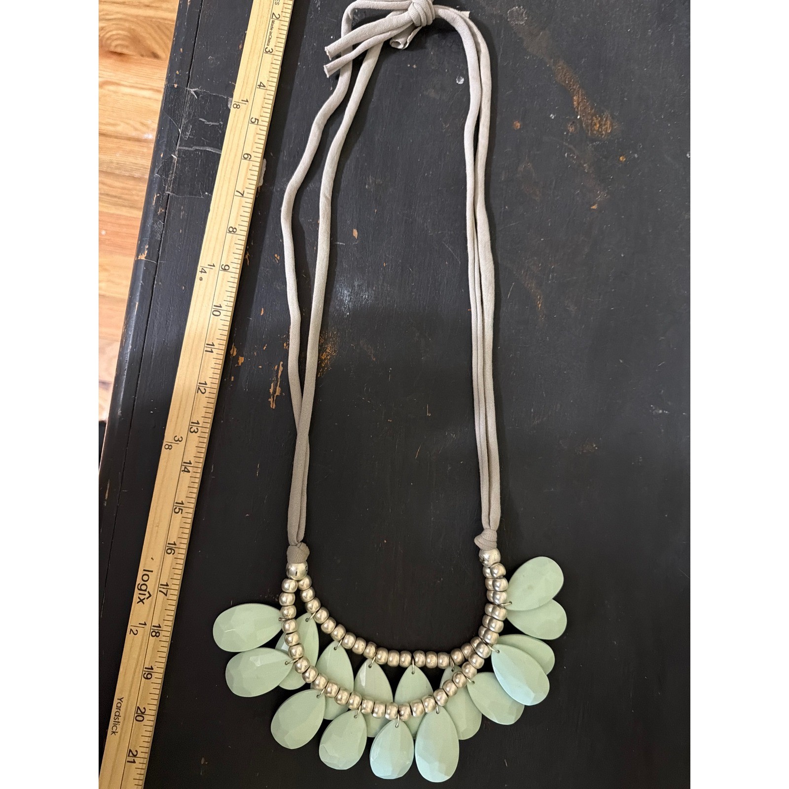 Mint Green Teardrop Statement Bib Necklace Silver Tone Beads Adjustable Tie Boho