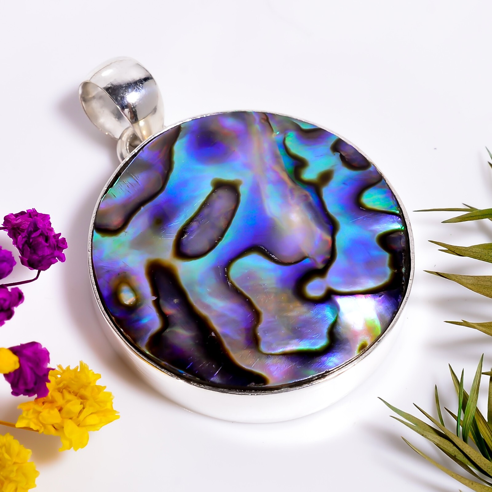 Abalone Shell Gemstone Ethnic Handmade Jewelry.925 Silver Pendant