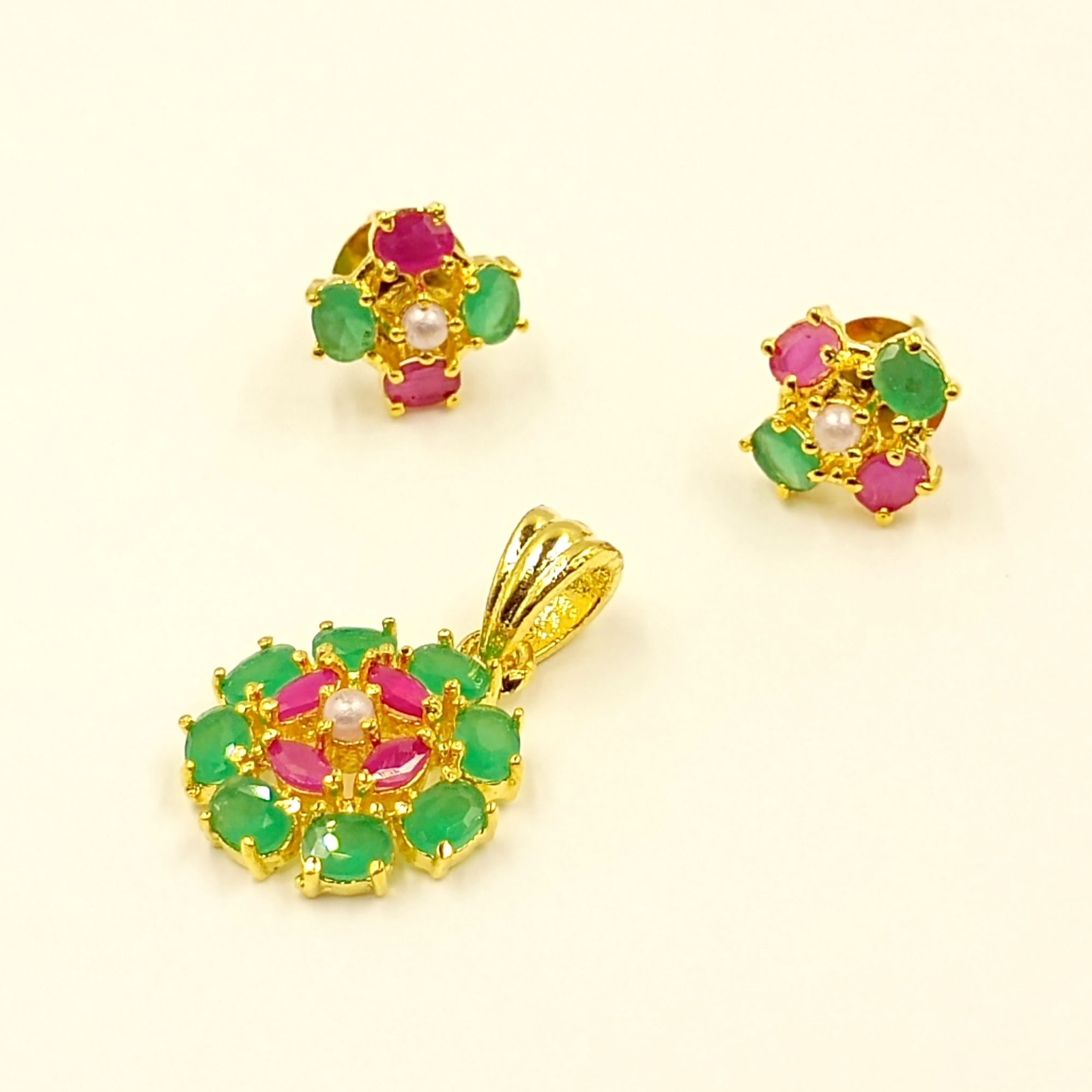 Ruby Emerald Pearl Pendant Set, 22k Gold Plated Traditional Indian Wedding Jewel