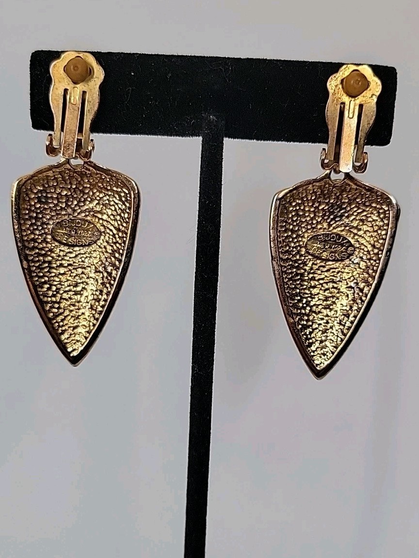 Bijoux Designs NY Signed Black Enamel Rivoli Rhinestones Dangle Clip-on Earrings