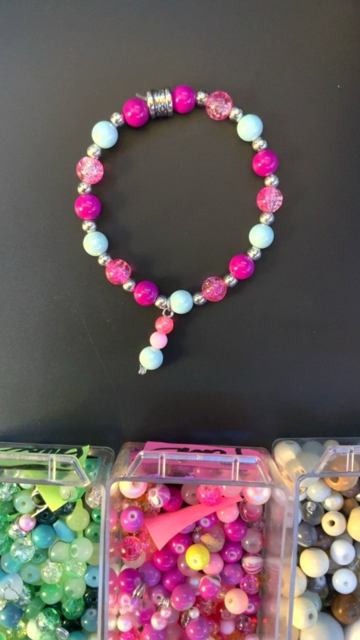 Handmade Beaded Bracelet Multicolor Pink Glass Round Beads Dangle Charm #081