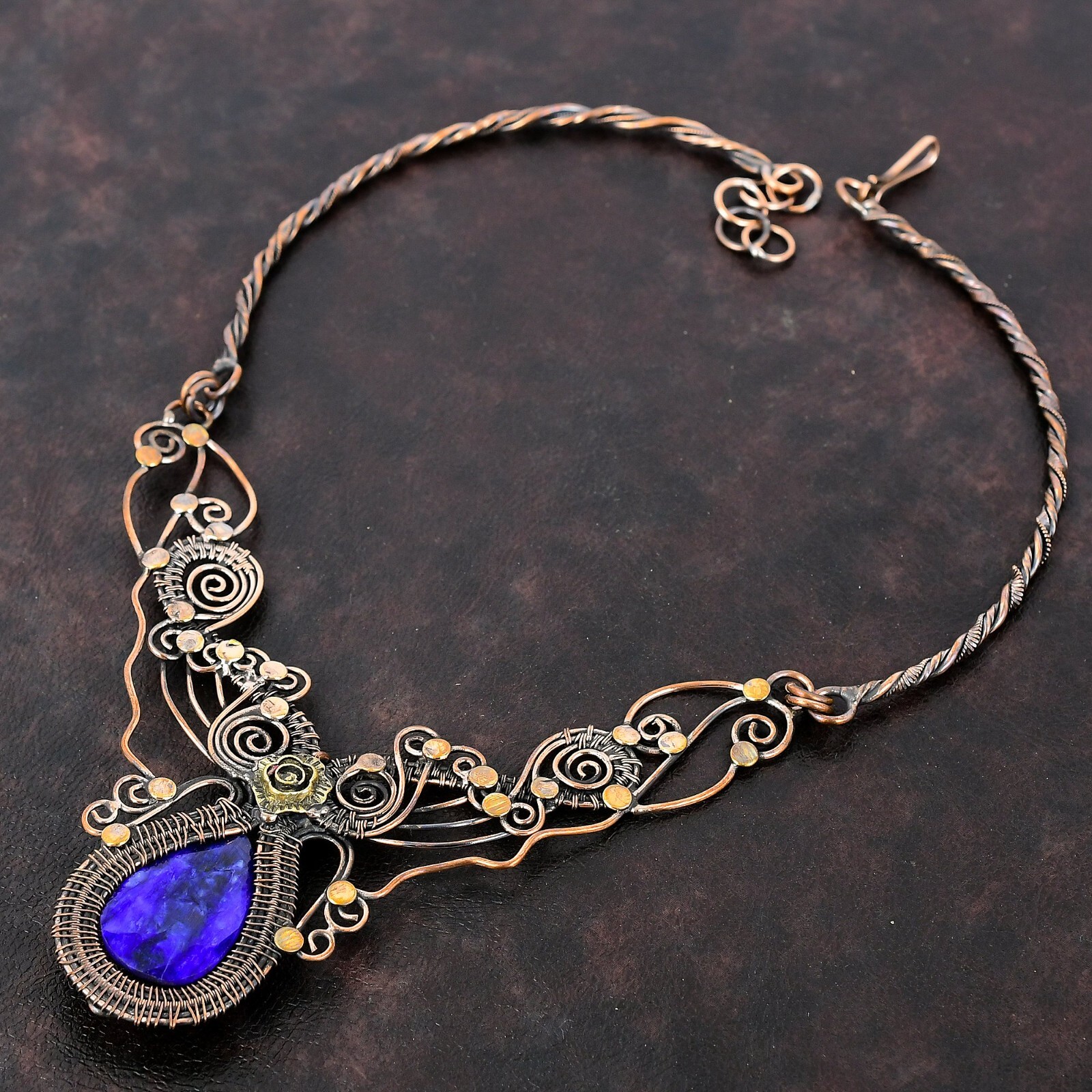 Gift Wire Wrapped Flower Chain Adjustable Necklace Copper Blue Saphire 18.0″
