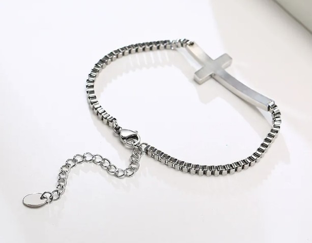 Sideways Cross Bracelet — Stainless Steel High Polish Box Chain