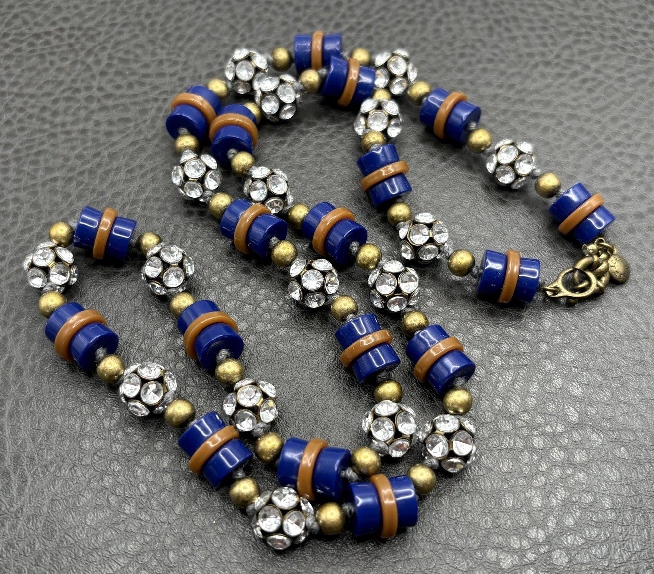 J. Crew Art Deco Style Blue Acrylic Chunky Bead Necklace Rhinestone Spacers 28″