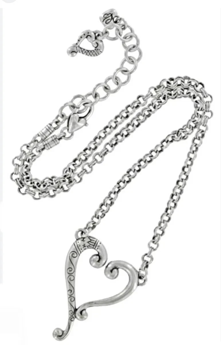 Brighton Adore Me Heart Necklace Silver Plate Scroll Work Adjustable 16-17″