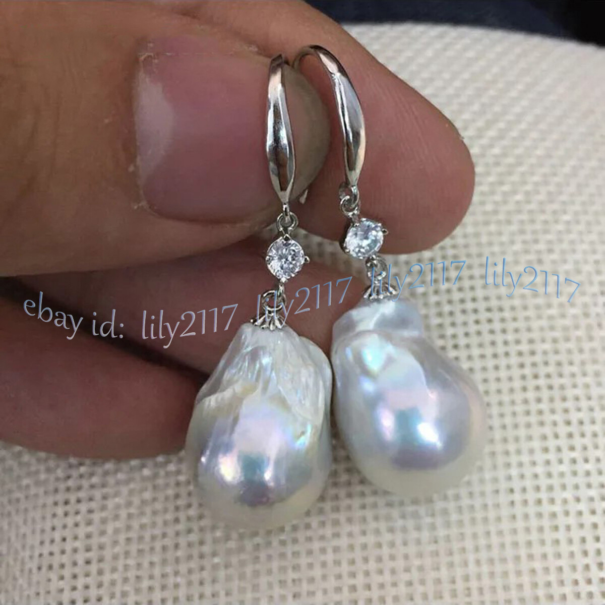 Huge 18-20mm Natural White Freshwater Baroque Pearl Dangle Earrings Crystal Hook