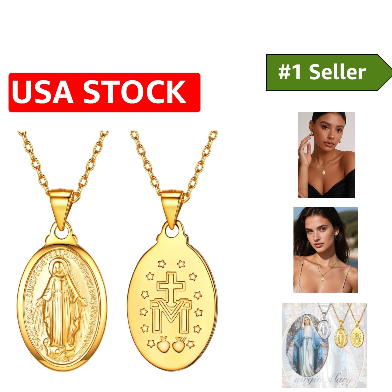 Dainty Miraculous Medal Pendant Necklace in Sterling Silver & Gold-Plated Finish