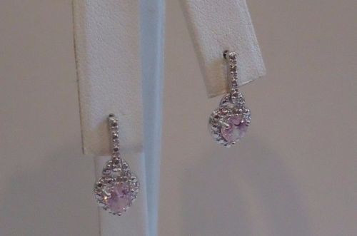 STERLING SILVER LADIES HEART SHAPE DANGLING EARRINGS PINK/WHT SIMULANT DIAMOND
