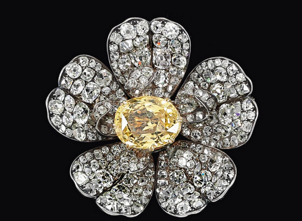 19th Century 11.99 Carat Cushion Citrine & Cubic Zirconia Women’s Floral Brooch