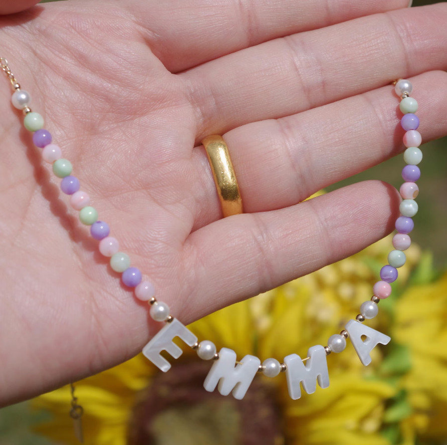 Personalized Kids Name Necklace, Mother of Pearl Letters, 18K Gold Filled