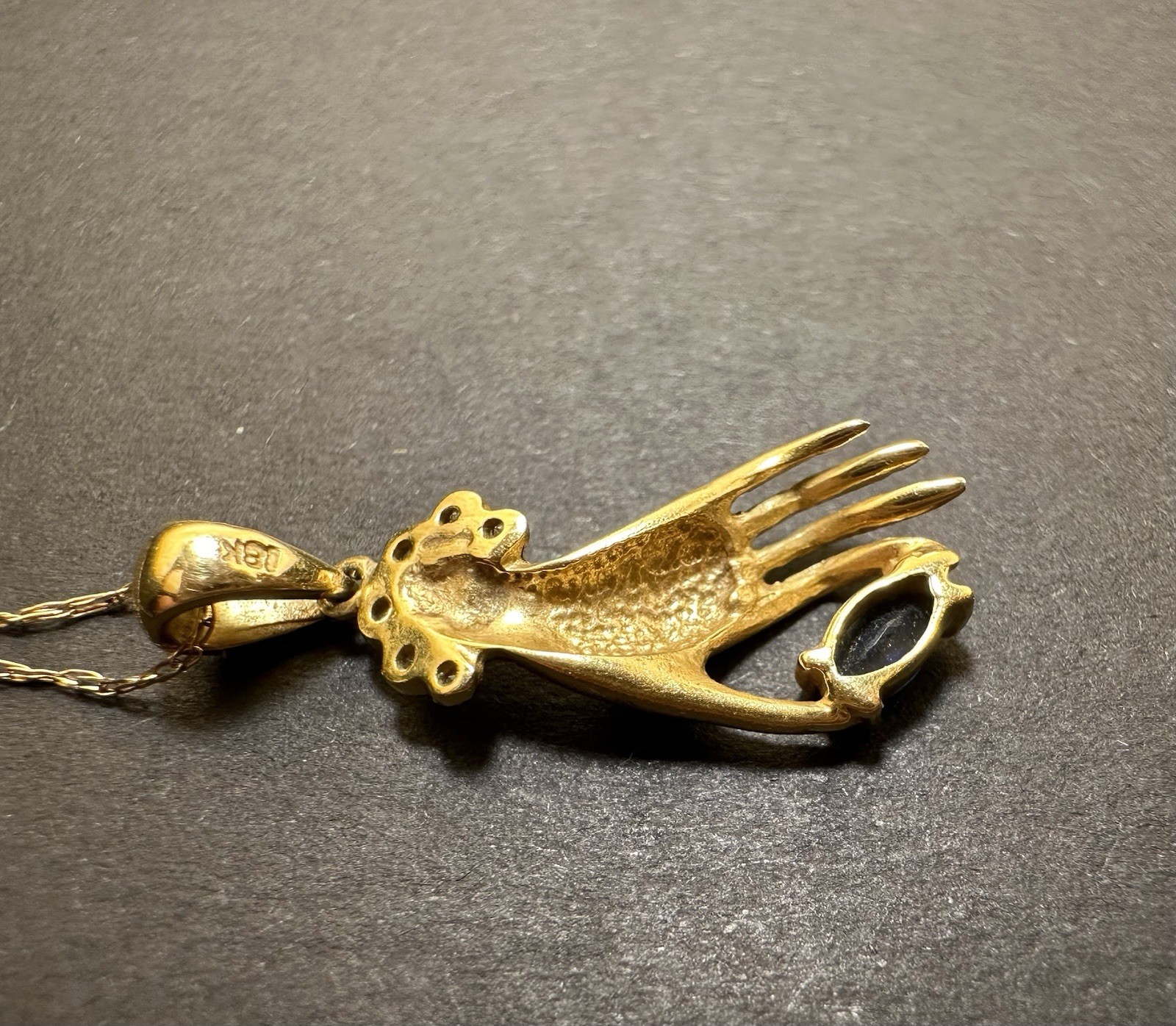 Vintage 18k Gold Hand Charm Pendant Necklace Marquise cut Sapphire and Diamonds