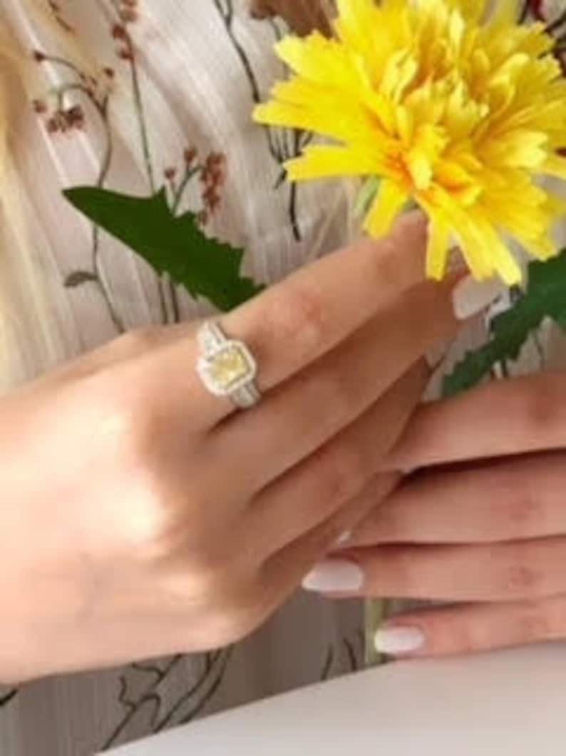 Fancy Yellow 3 Rows Shank Diamond Ring Radiant Cut CZ Diamond Engagement Ring