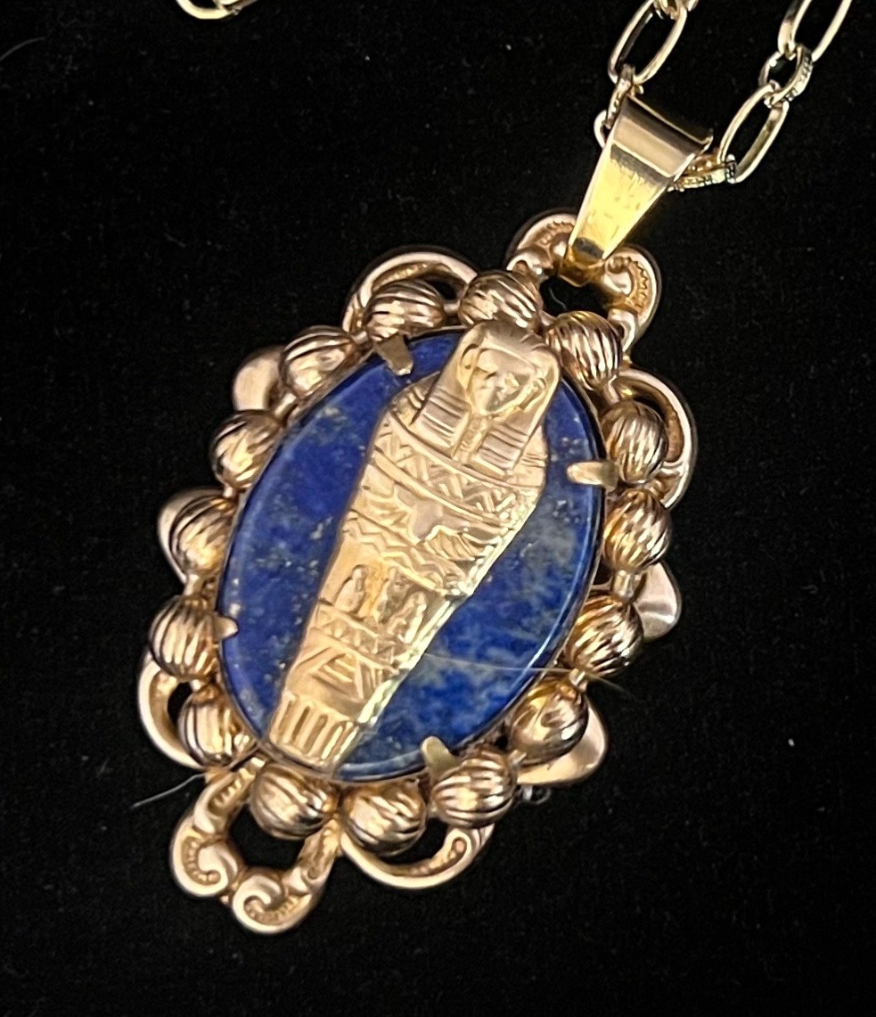 Egyptian Revival Necklace King Tut Sarcophagus Lapis Lazuli Gemstone Pendant