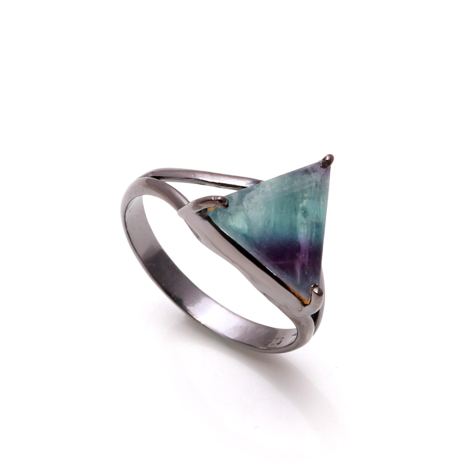 Natural Fluorite Triangle Ring 925 Sterling Silver Black Oxidized Boho Jewelry