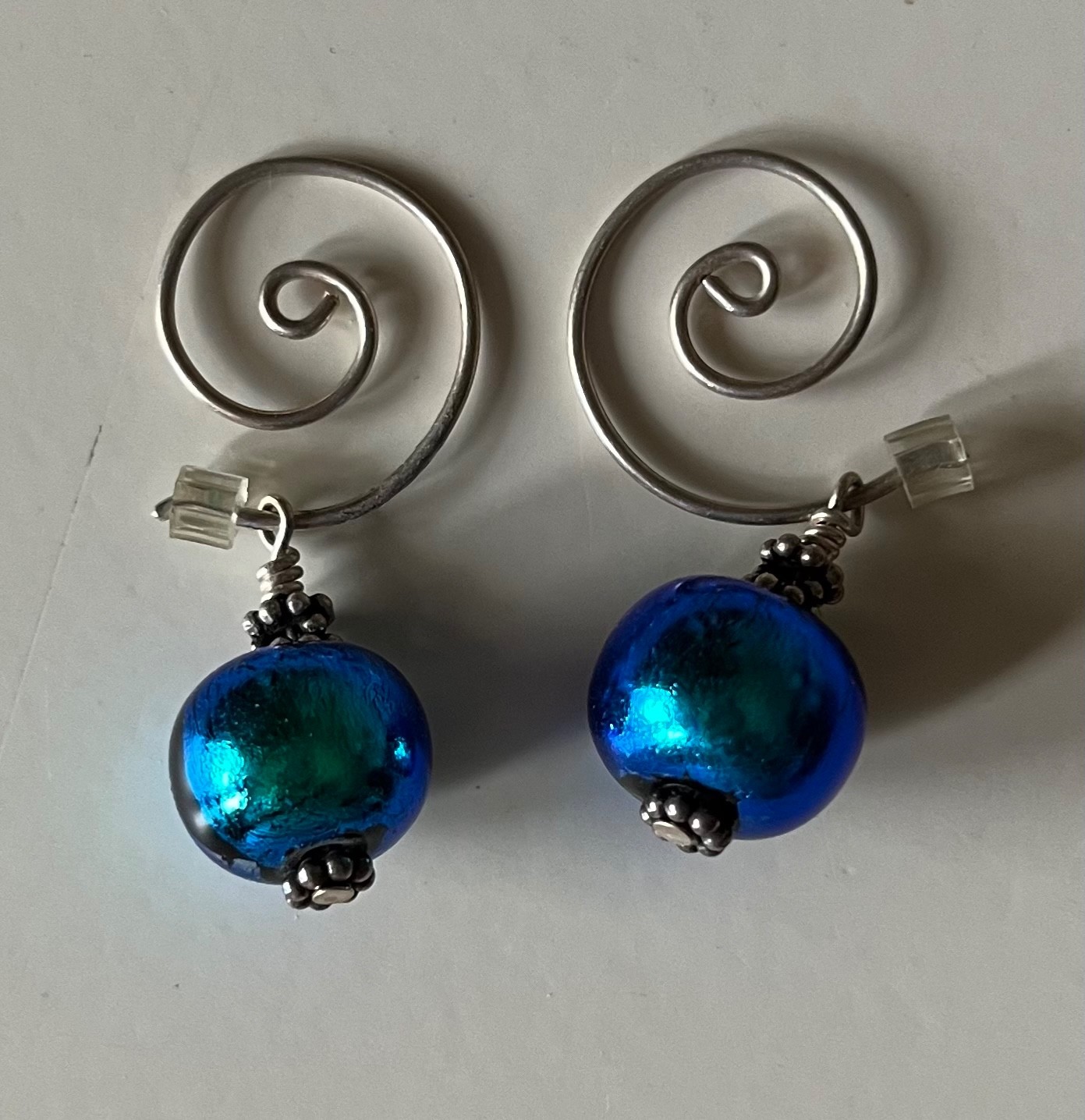 Sterling Silver BLUE/GREEN Handmade Metallic Wrapped BALL Pierced EARRINGS
