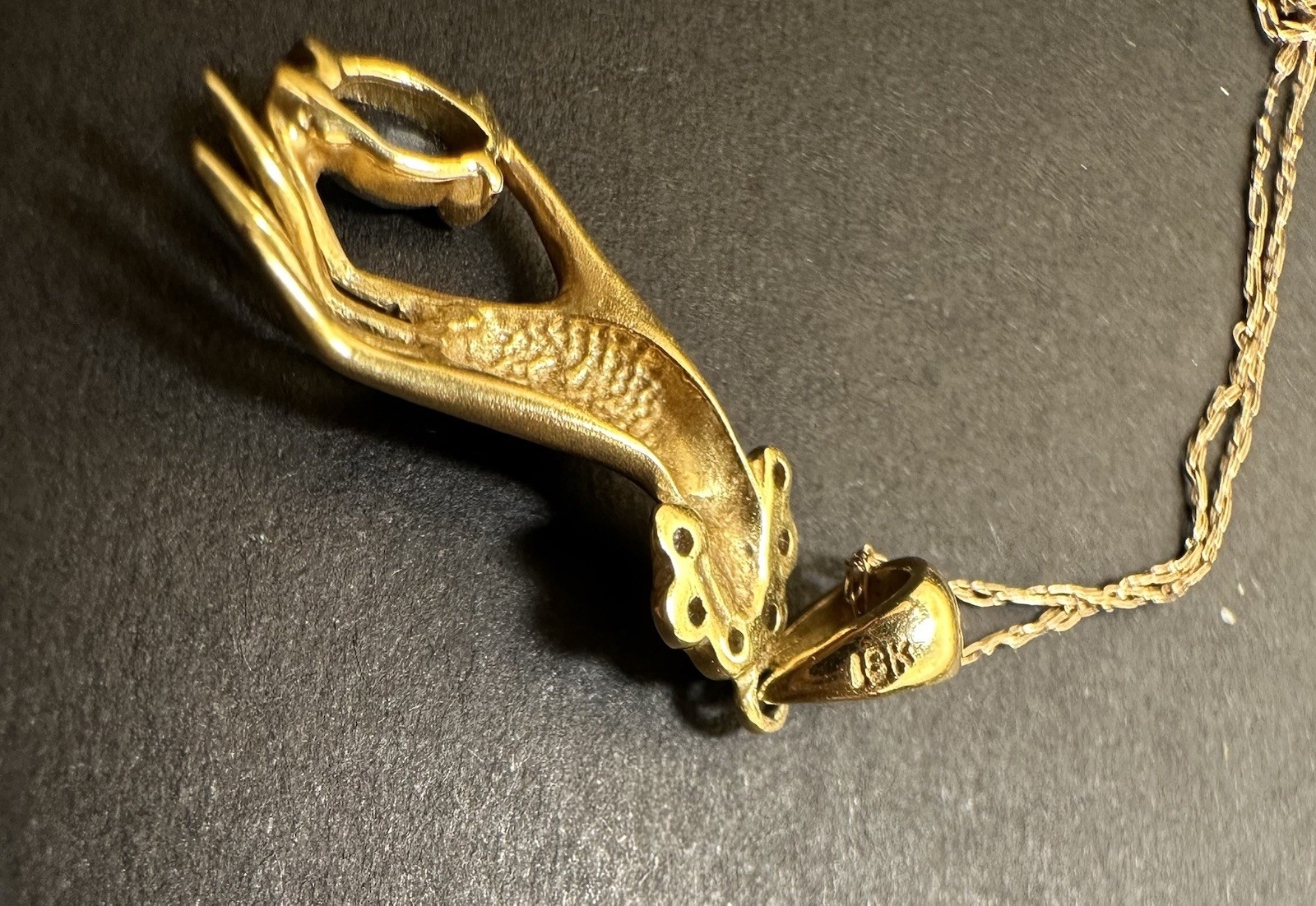 Vintage 18k Gold Hand Charm Pendant Necklace Marquise cut Sapphire and Diamonds