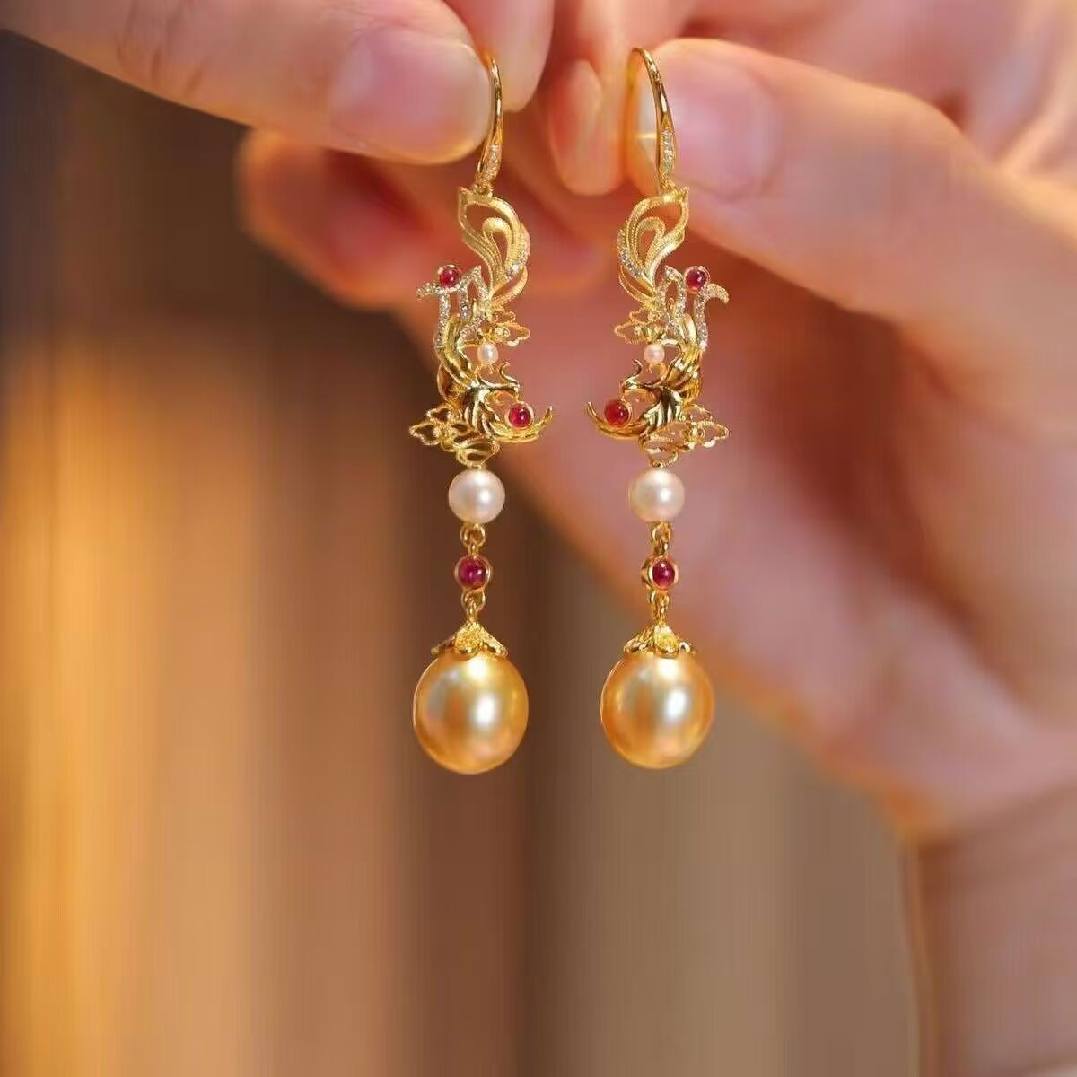 New Chinese Gold Filigree Enamel Phoenix Tassel Earrings Hanfu Cheongsam