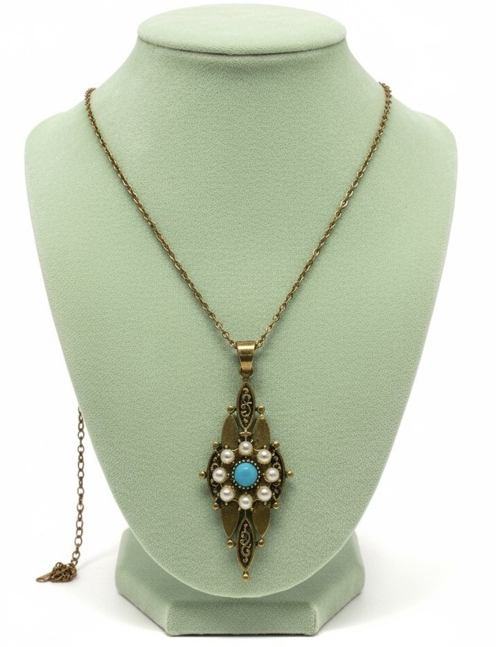 Art Deco Antique Necklace Museum Flower Victorian Turquoise Pearl Retro Gold VTG