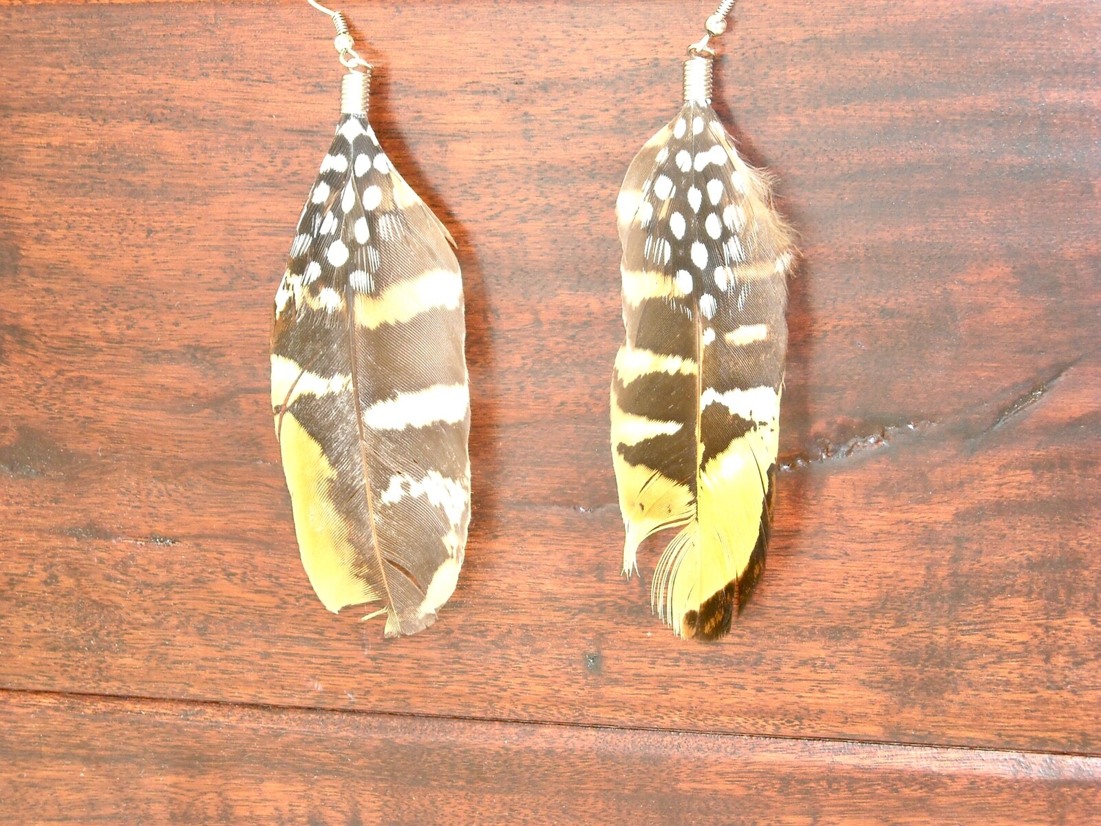 Handcrafted Genuine Real Feather Earrings. Brown, Black, White & Tan.