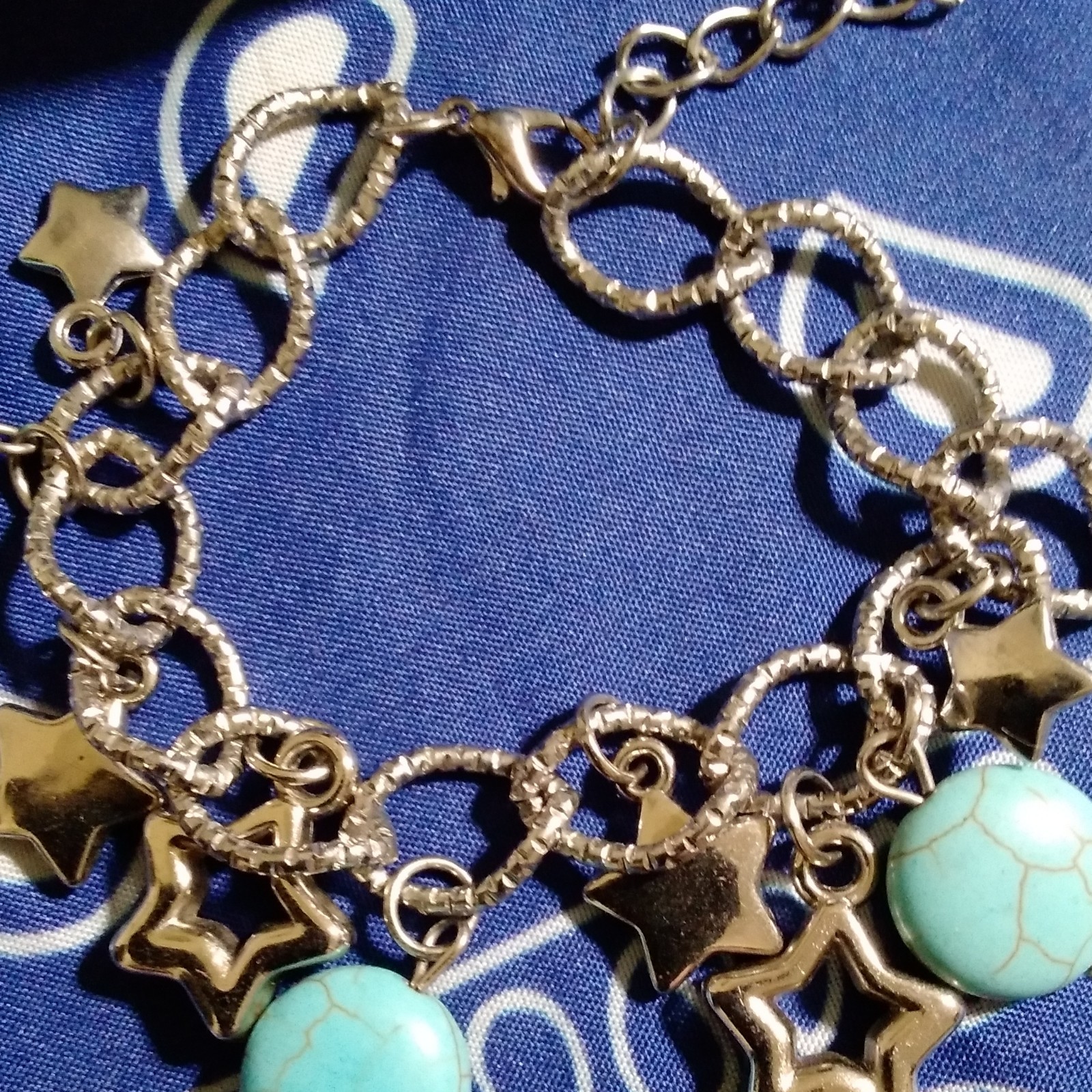 Silver Tone Star Dangle Charm Cable Chain Bracelet Blue Beads, Lobster, Adj.