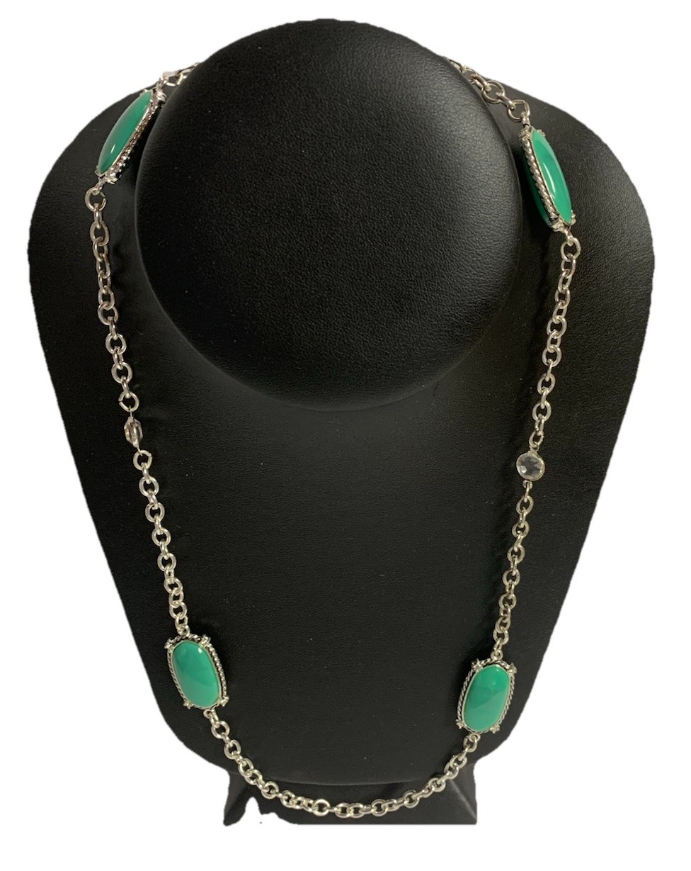 Bill Blass Silver Tone Crystal Faux Double Sided Turquoise 42″ Necklace