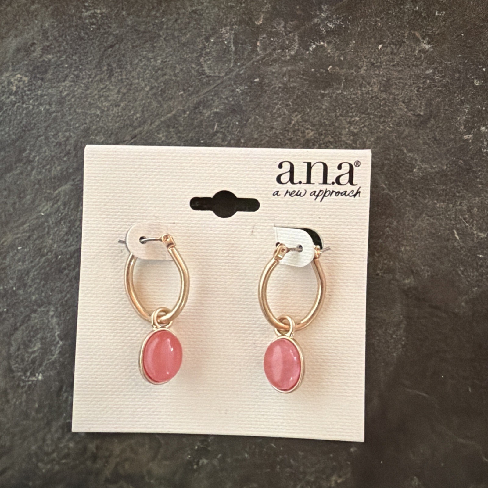 a.n.a A New Approach Gold Tone Hoop Earrings w/ Pink Oval Drop Charm Pierced NWT