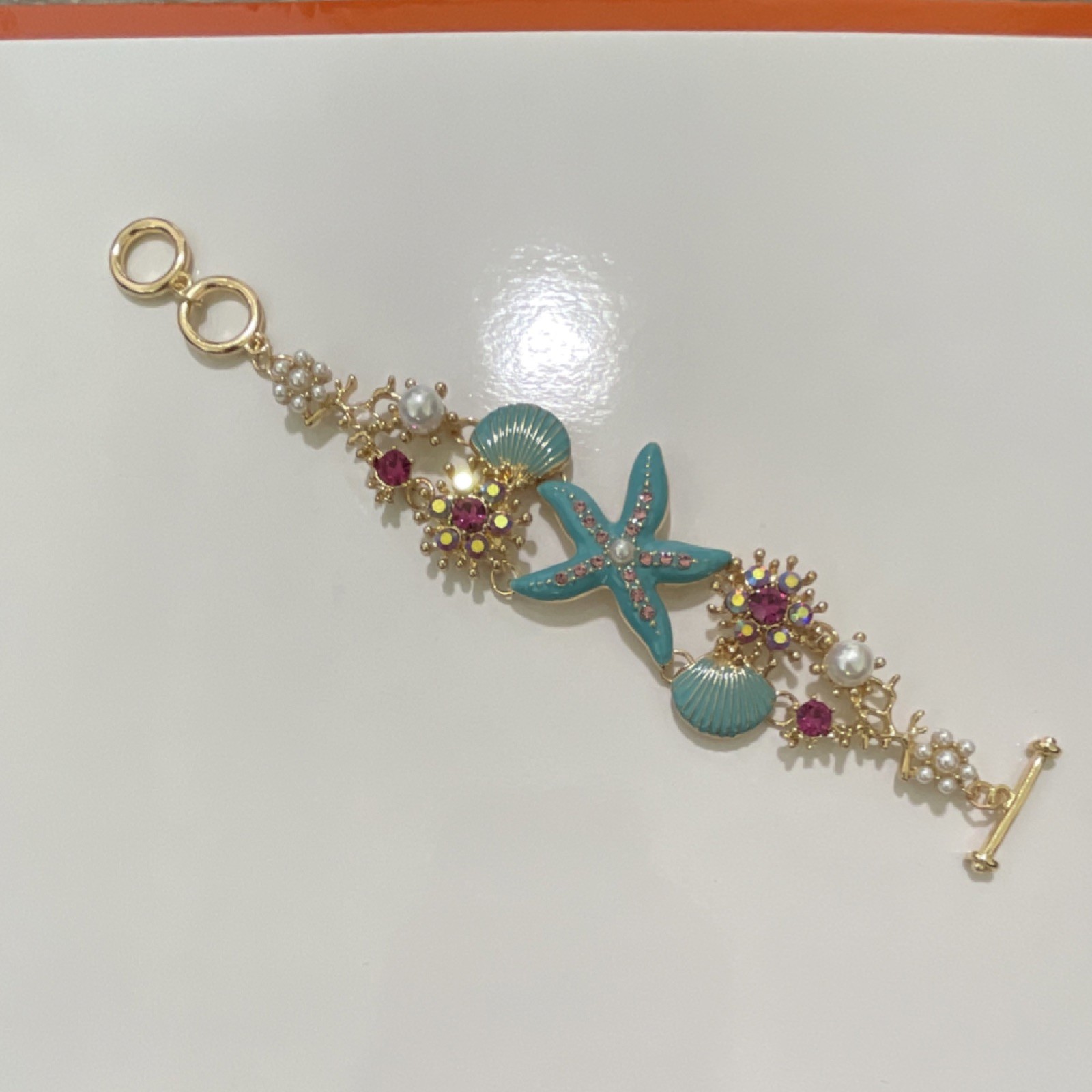 Gold Blue Pink Starfish Seashell Charm Bracelet, Toggle Closure, Adjustable