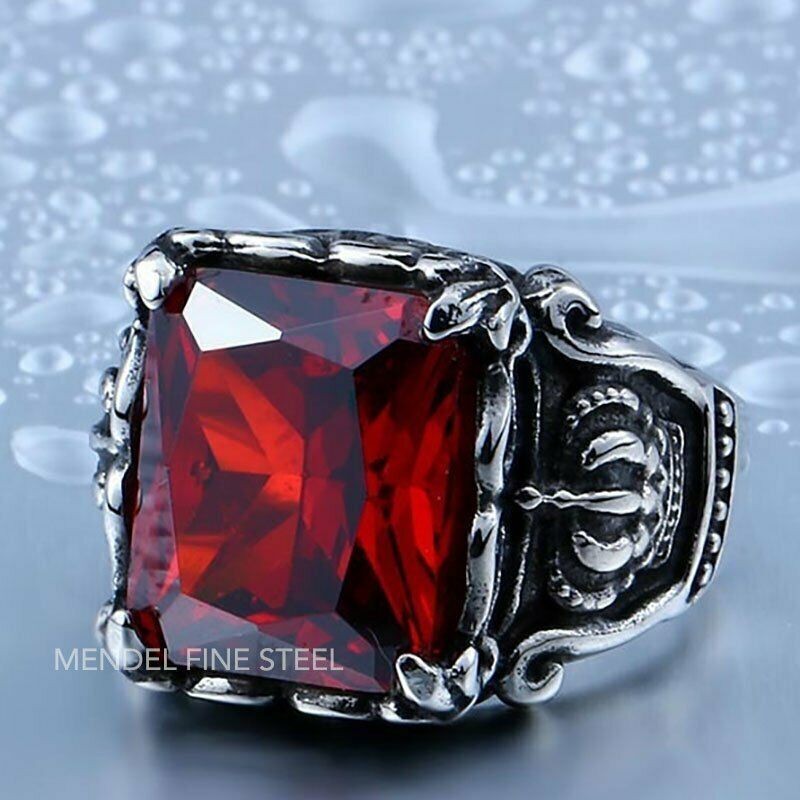 MENDEL Mens Womens Crown Red CZ Stone Ring For Men Stainless Steel Size 7 8 9-15