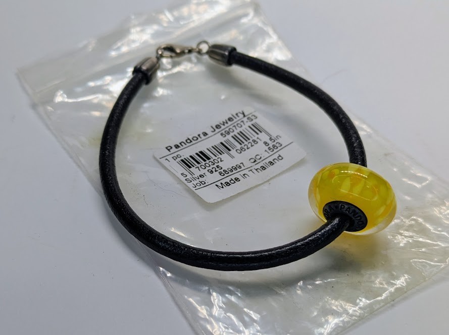 Pandora 925 Sterling Sliver Yellow Blossom Murano Black Leather Bracelet 8.5″