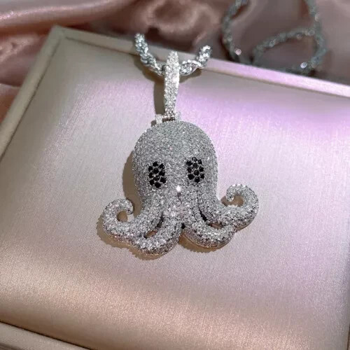1.77 Ct Round Cut Simulated Diamond Octopus Charm Pendant 14K White Gold Plated