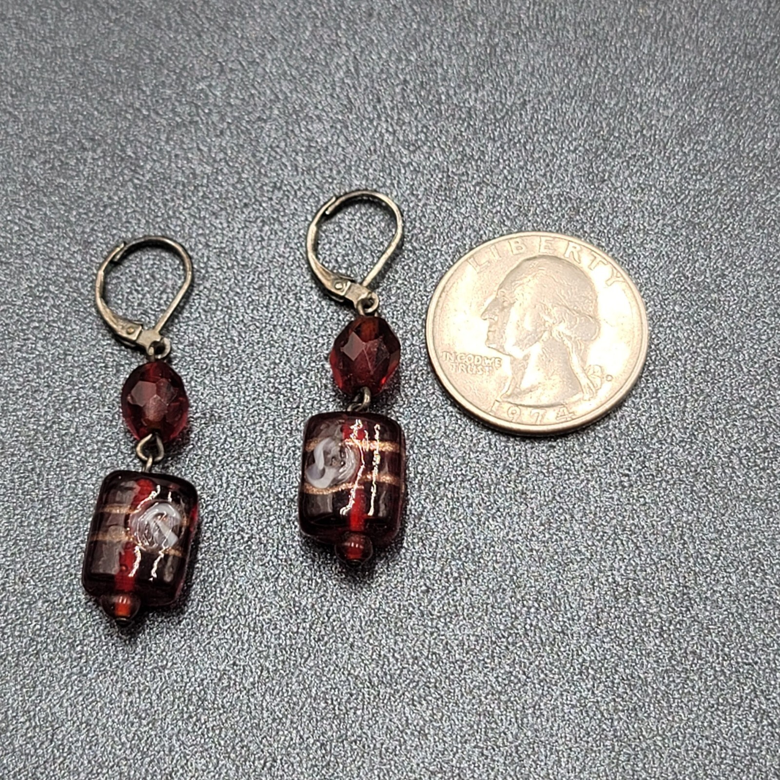 Pierced Earrings Black Metal Red Art Glass Beads 1.25″
