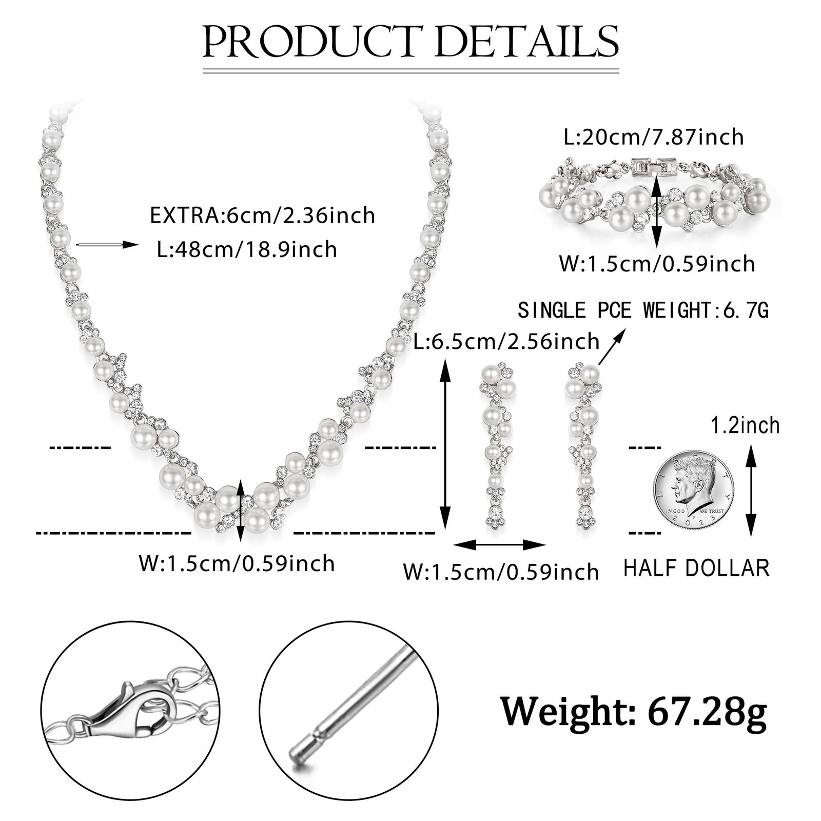 Simulated Pearl Crystal Bridal Necklace Earrings Bracelet Set Silver-Tone White