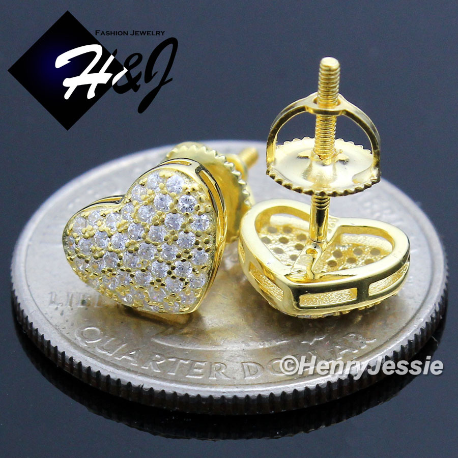925 STERLING SILVER ICY CUBIC ZIRCONIA 3D HEART GOLD PALTED STUD EARRING*GE121