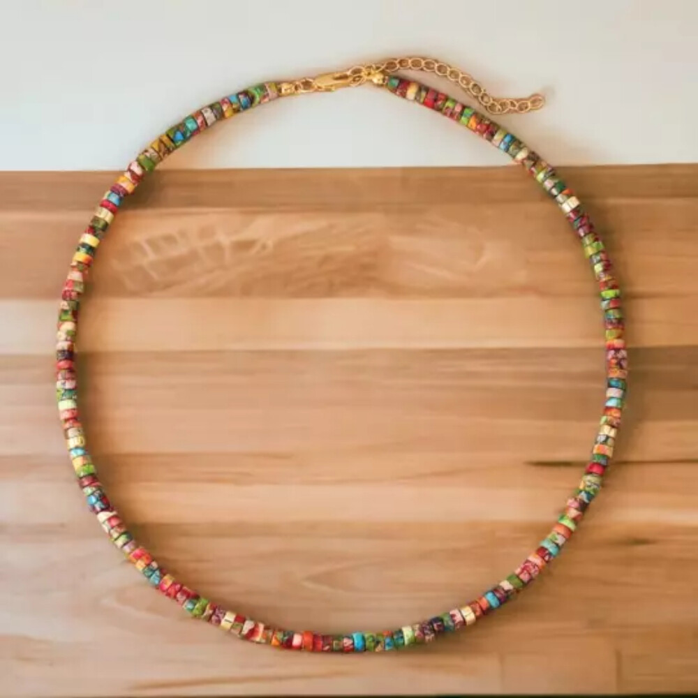 Jasper choker necklace, Short multi coloured Pendant, Beaded necklace
