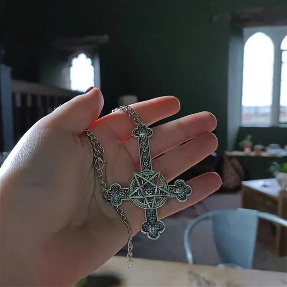 cross Inverted necklace, Gothic jewelry, Pentagram, Retro, Pagan, Witchcraft, pu
