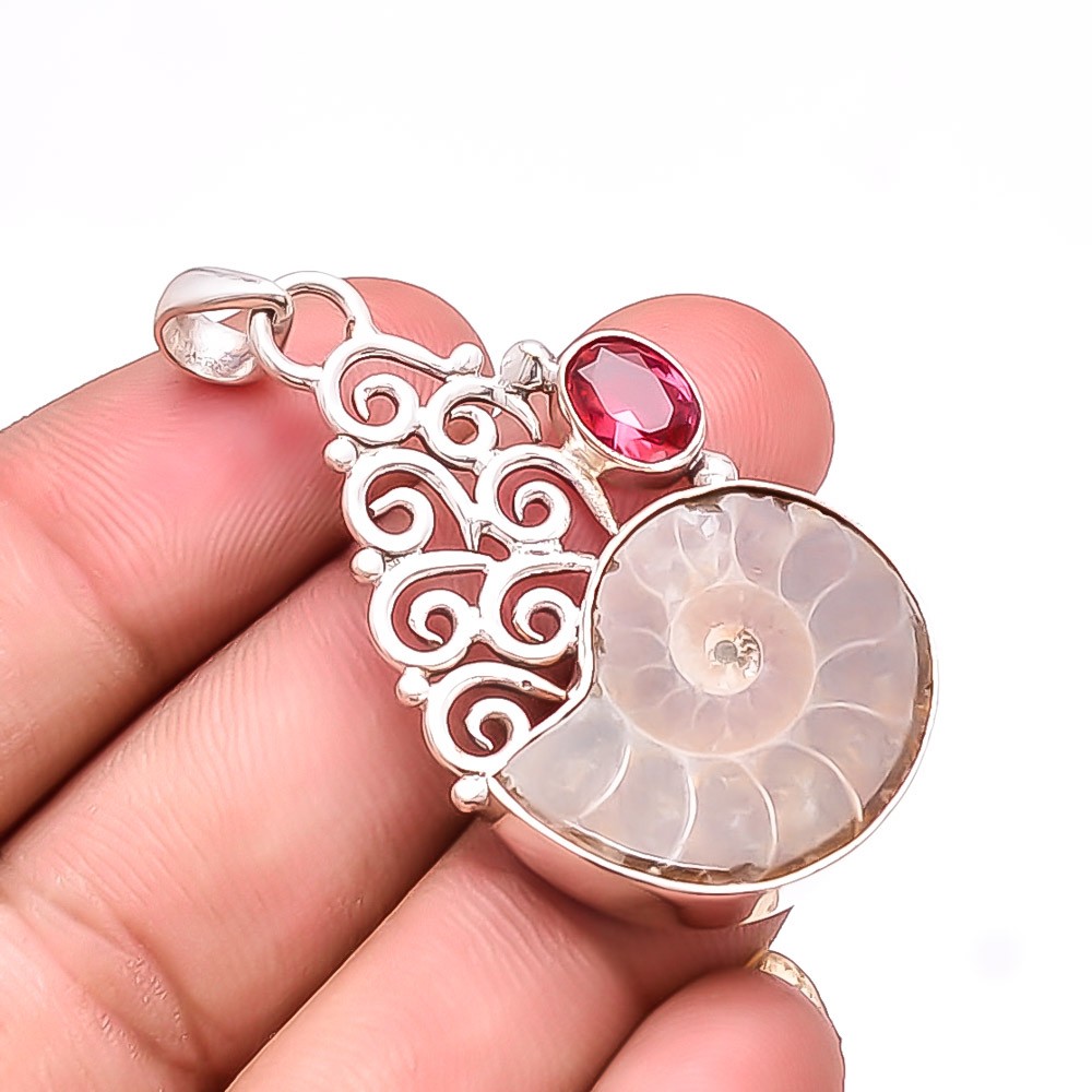 Ammonite – Fossil & Pink Tourmaline 925 Sterling Silver Pendant 1.95″ P14
