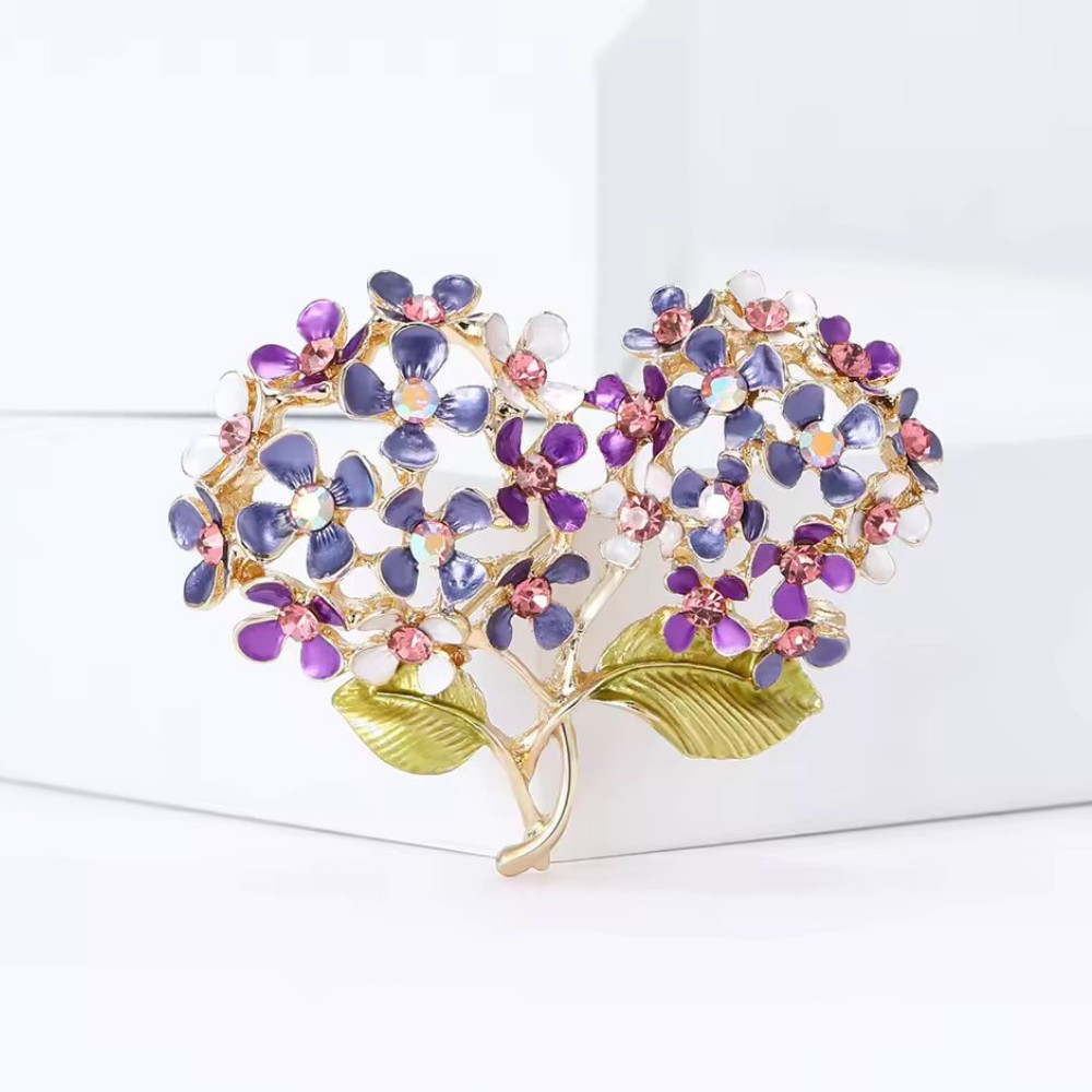 Enamel Hydrangea Flower Bouquet Brooch Crystal Floral Pin Gold Statement Jewelry
