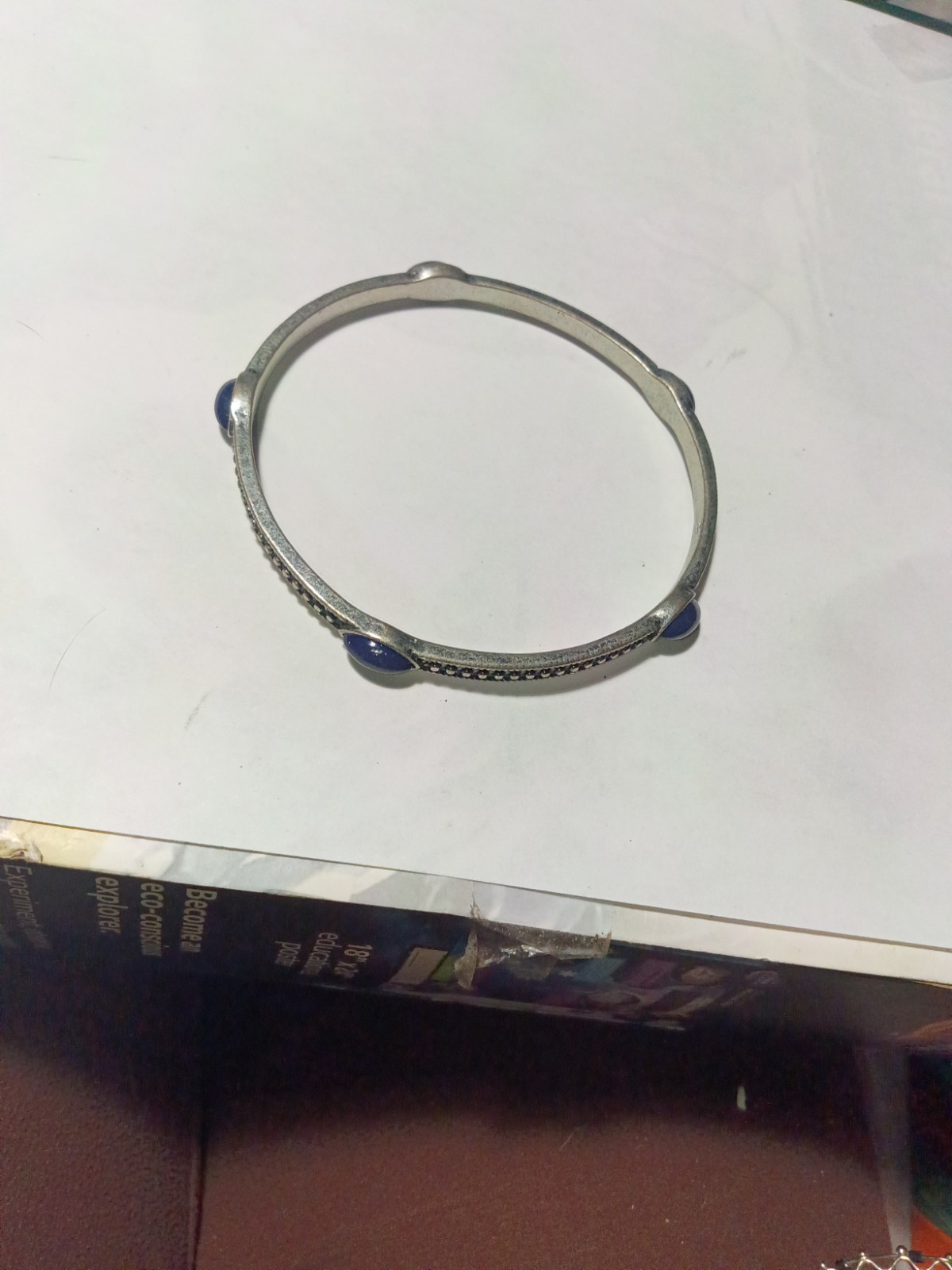 Silver Tone Metal Bangle Bracelet Blue Oval Cabochon Stones Bezel Set