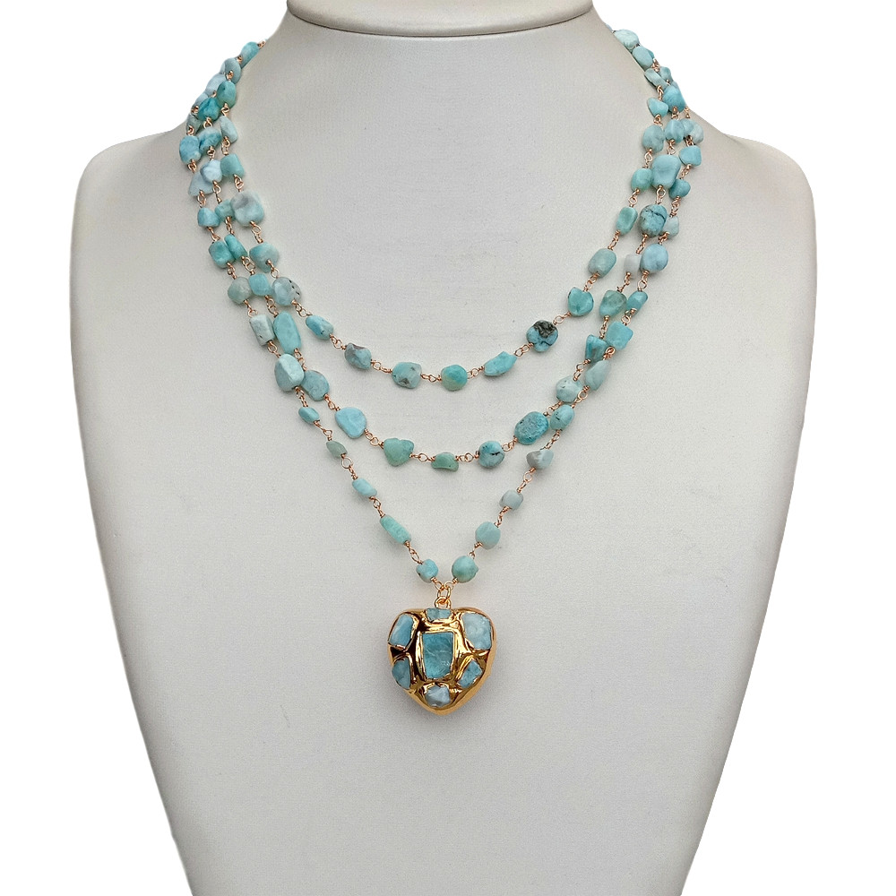 18″ 3 Strands Natural Larimar Rosary Chain Necklace Heart-Shaped Larimar Pendant