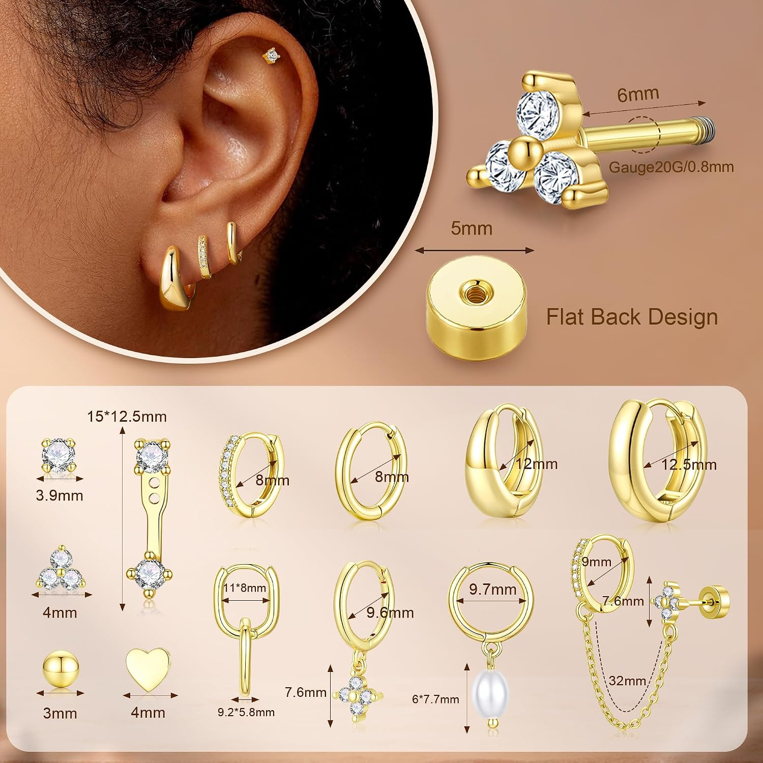 13 Pairs Gold Hoop Earrings for Women, Hypoallergenic 14K Gold Plated Hoop Stud