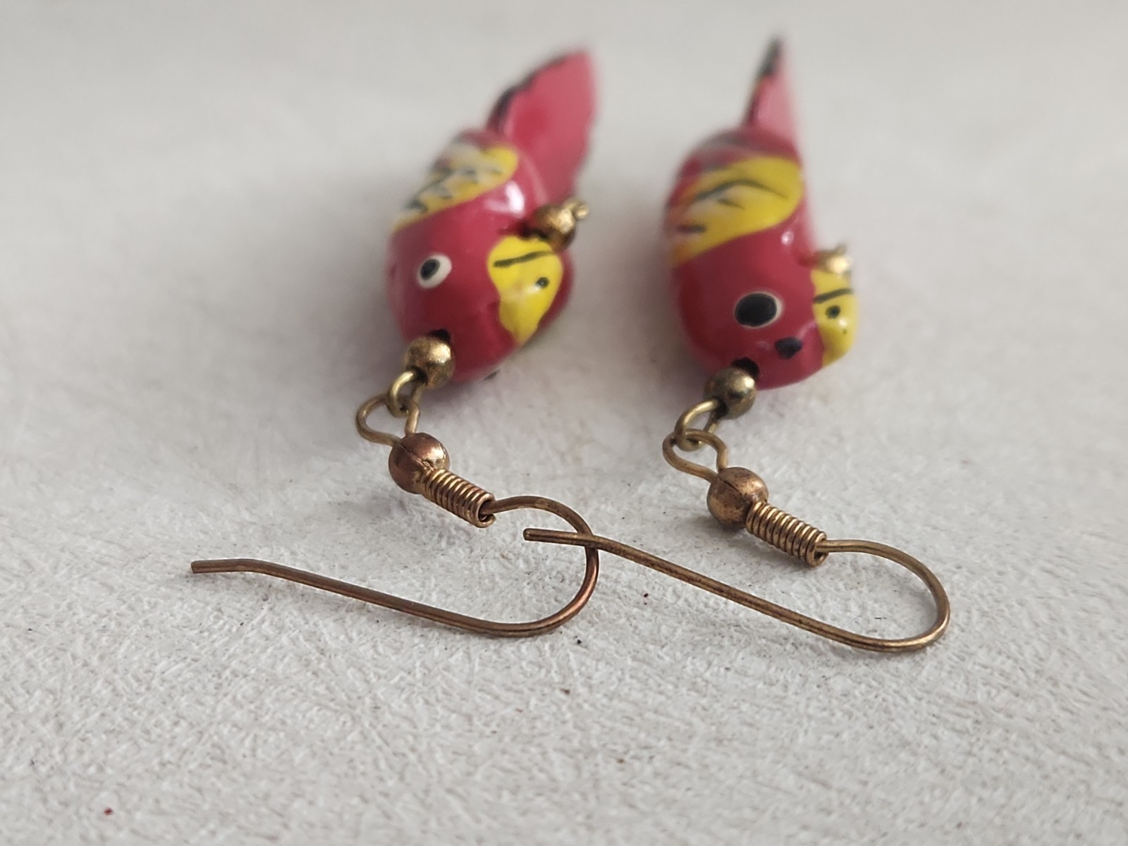 Vintage Hand Painted & Crafted Wood Pink & Yellow PARROT BIRD DANGLE EARRINGS