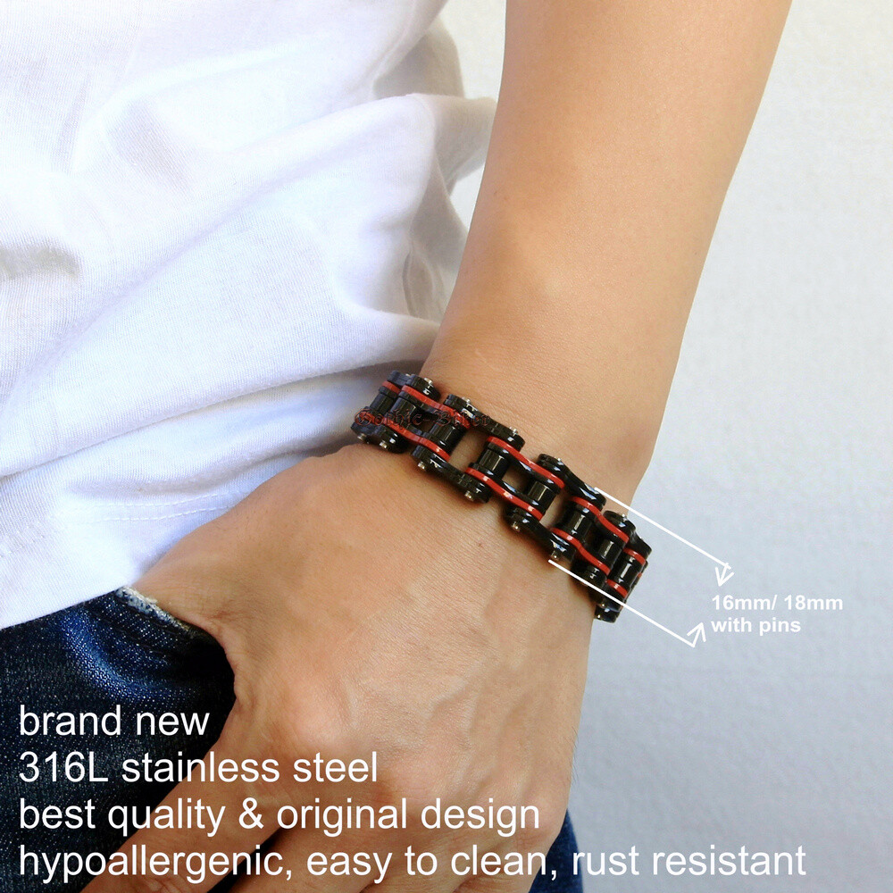 SOLID Black Red Stainless Steel Motorcycle Bike Chain Men’s Bracelet 9″ Inch(L)
