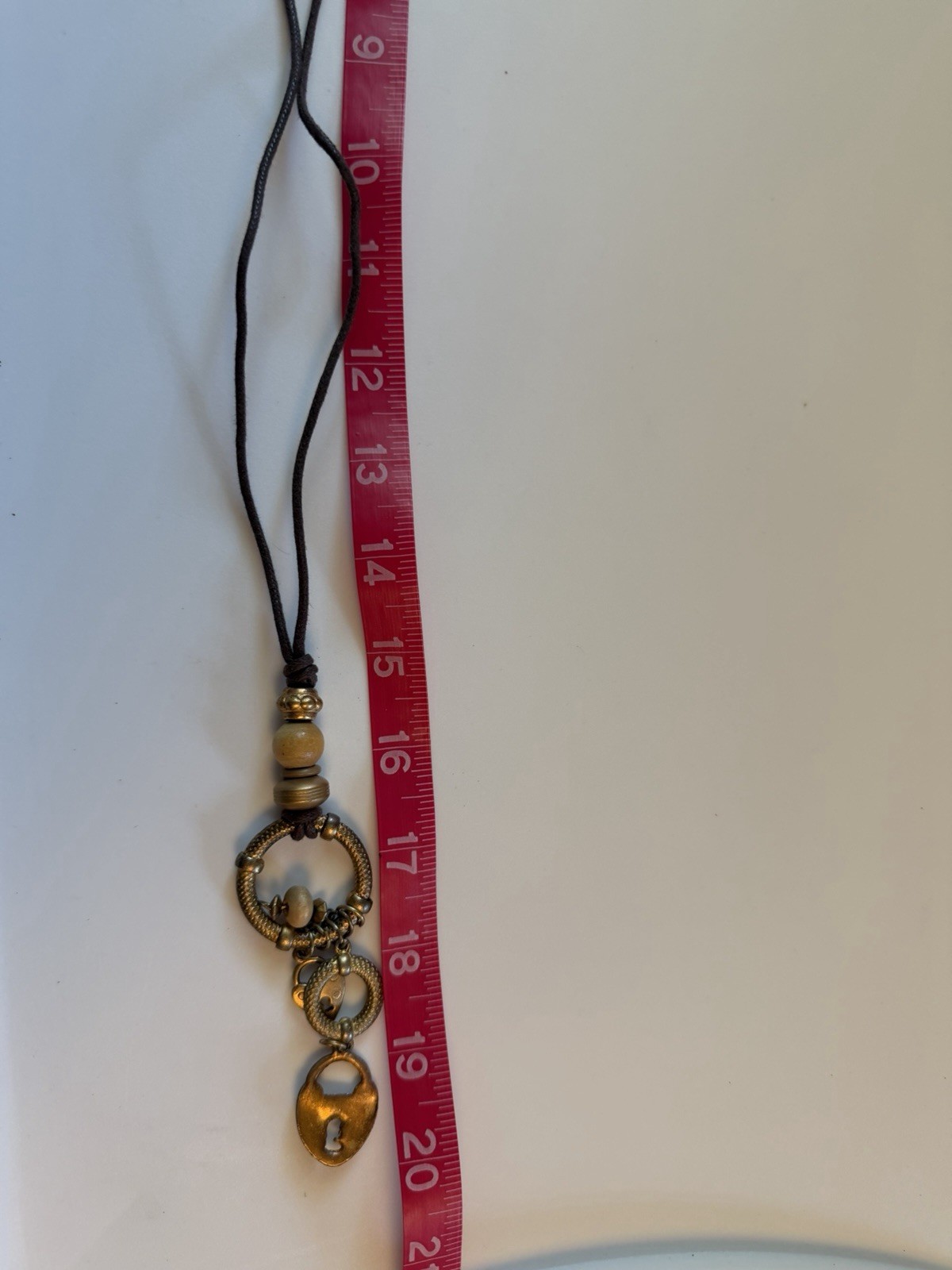 Brown Cord Necklace 20in Adjustable Gold Tone Heart Lock Charm Beads Rings