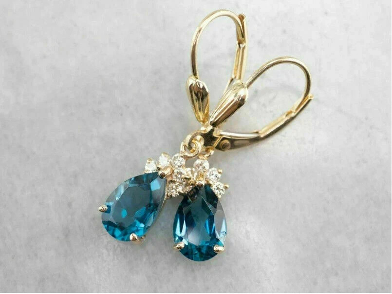 14K Yellow Gold Plated 3Ct Pear Simulated London Blue Topaz Drop-Dangle Earrings