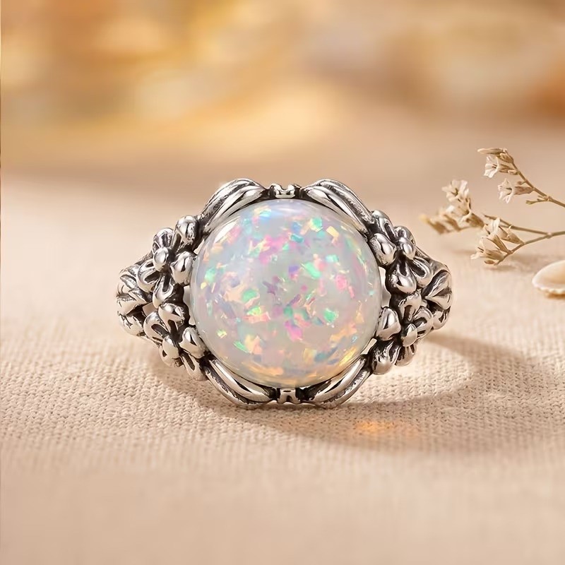 Elegant 925 Sterling Silver Fire Rainbow Opal Engagement Wedding Ring Size 10.5
