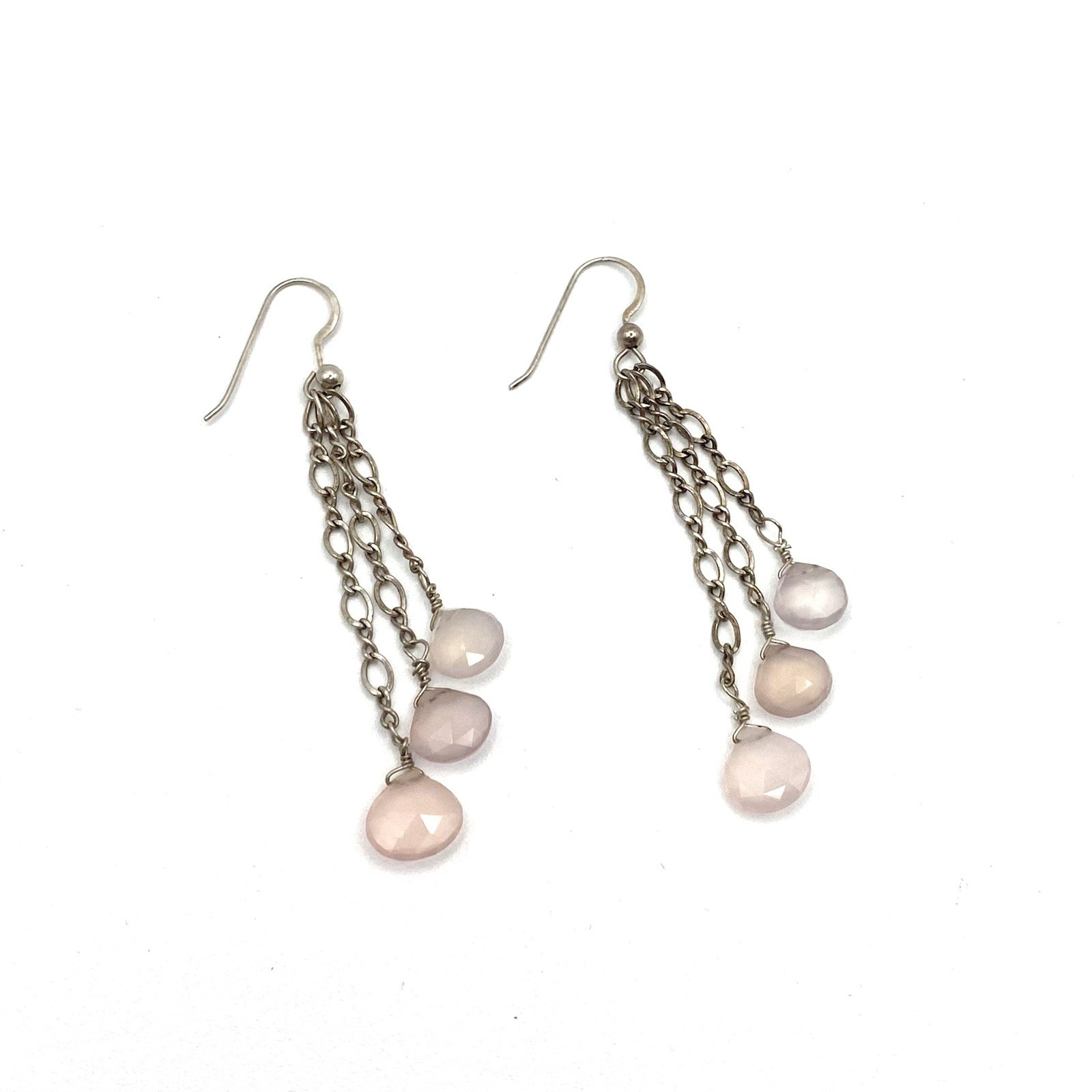 Sterling Silver 925 Rose Quartz Briolette Dangle Drop Earrings Layered Tassel
