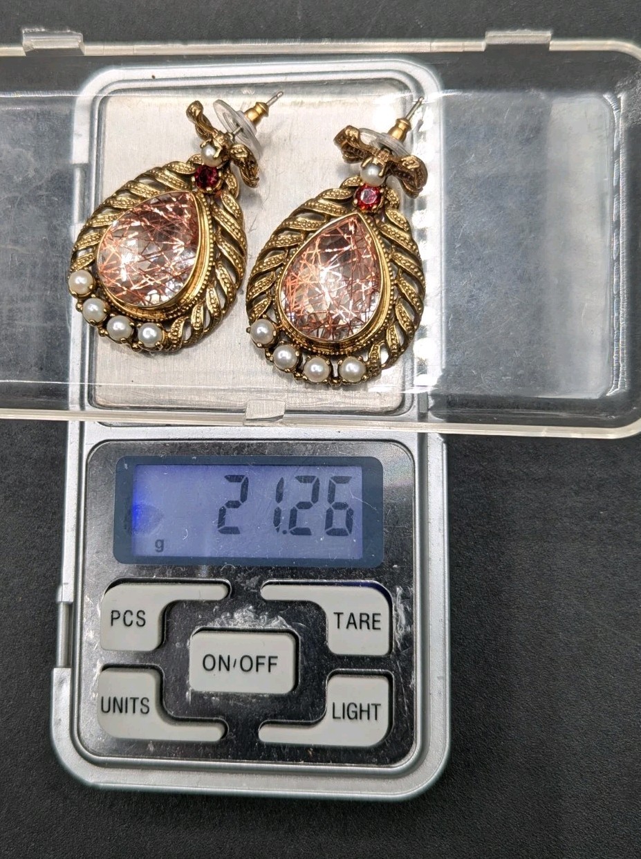 Nicky Butler NB Gold Tone Quartz Pearl Garnet Bow Drop Dangle Earrings 925 Posts