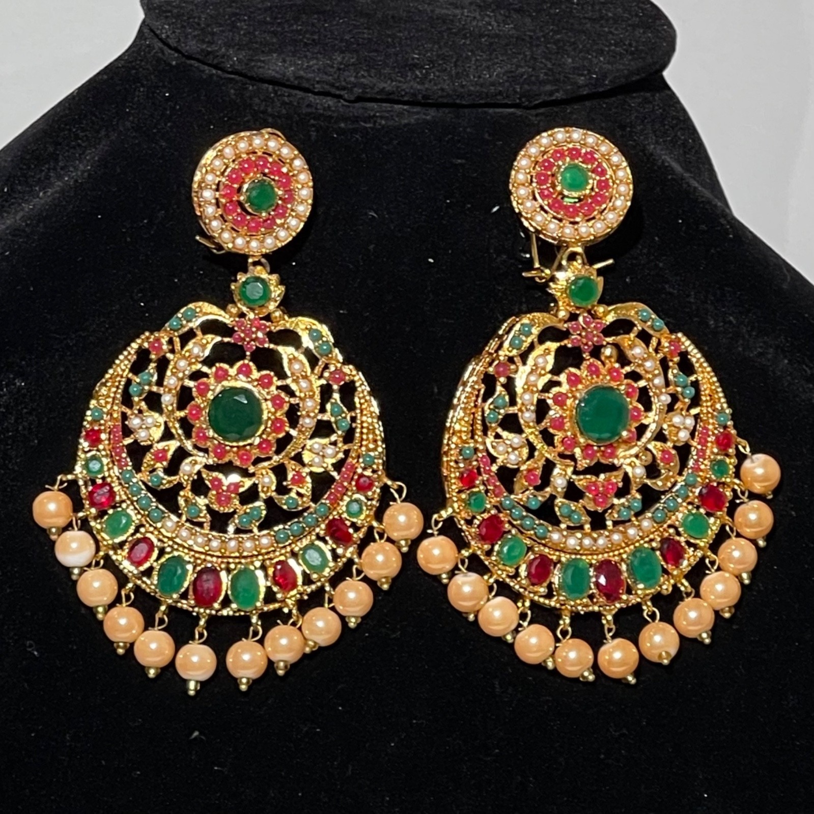 Jadau Hyderabadi Indian Red Ruby Green Emerald Pearl Chandelier Earrings