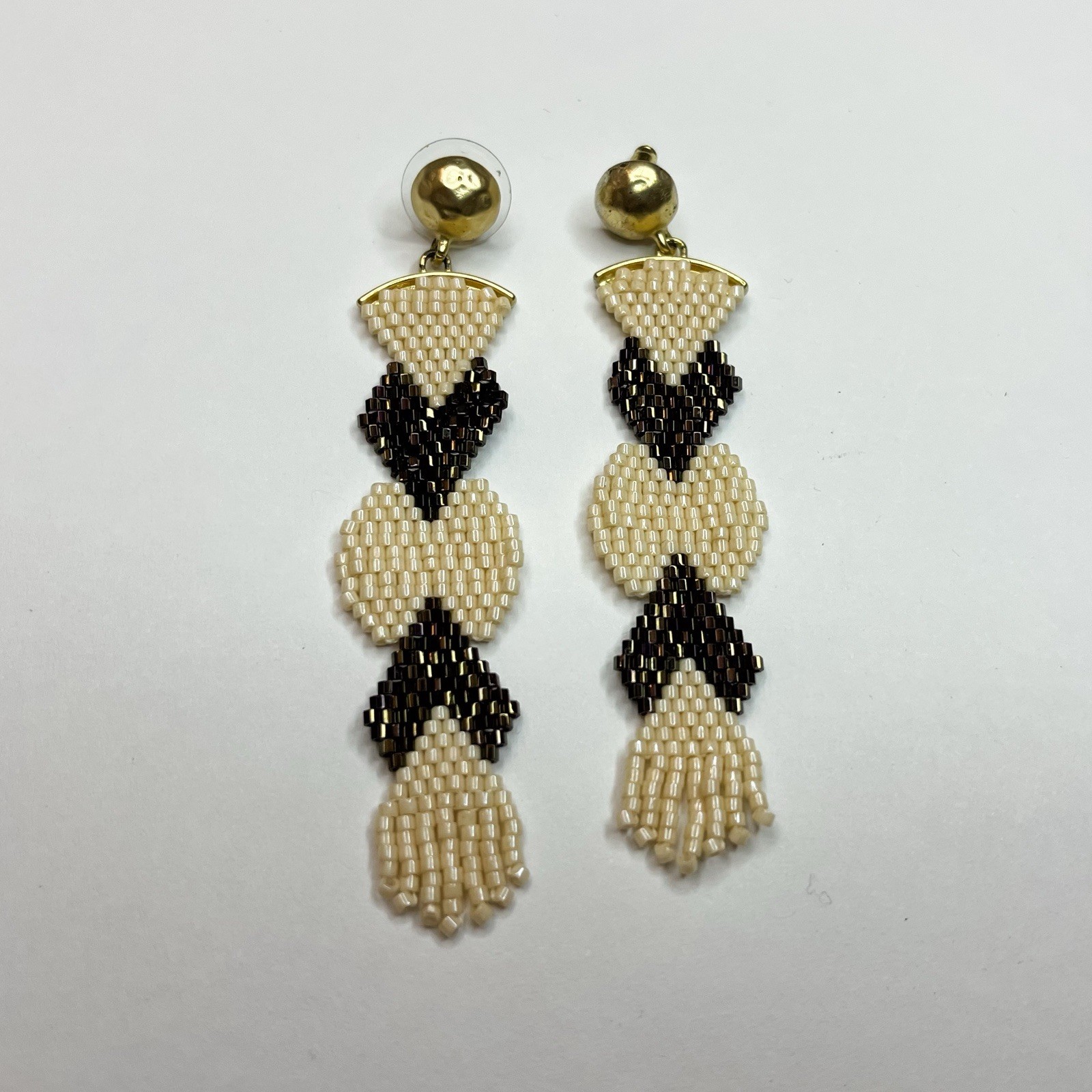 Spartina 449 Gold And Beaded Earrings Black And Cream Dangle 3” Long